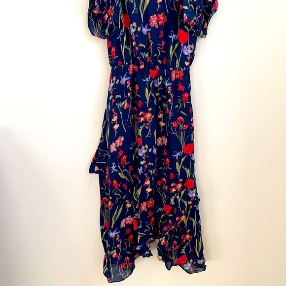 Parker Kam Midi Silk Dress Gardenia Floral Cold Shoulder Ruffle Small - Picture 6 of 13